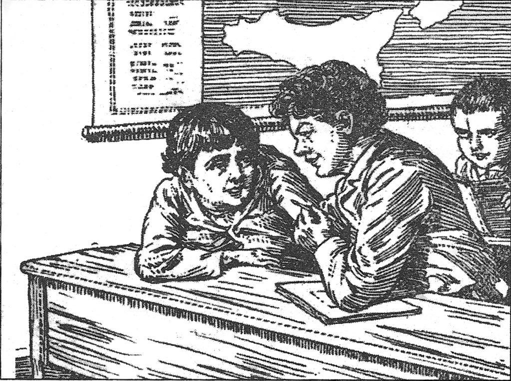 Illustration ancienne du roman Cuore d’Edmondo De Amicis représentant une scène d’école